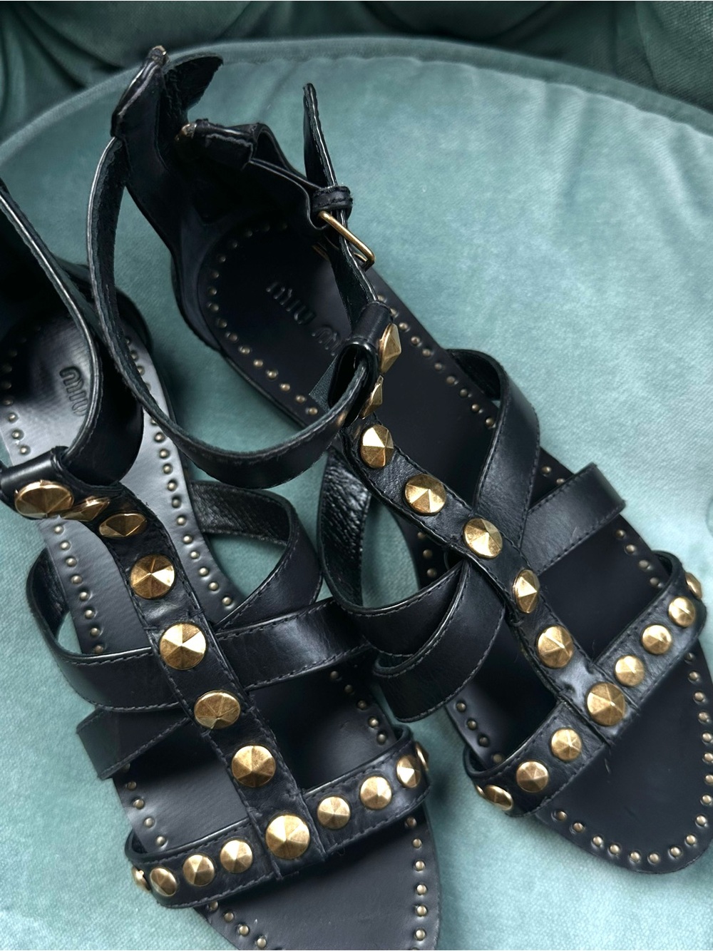 Miu Miu Black Leather Studded Gladiator Sandals with Gold Accents - Picture 12 of 14